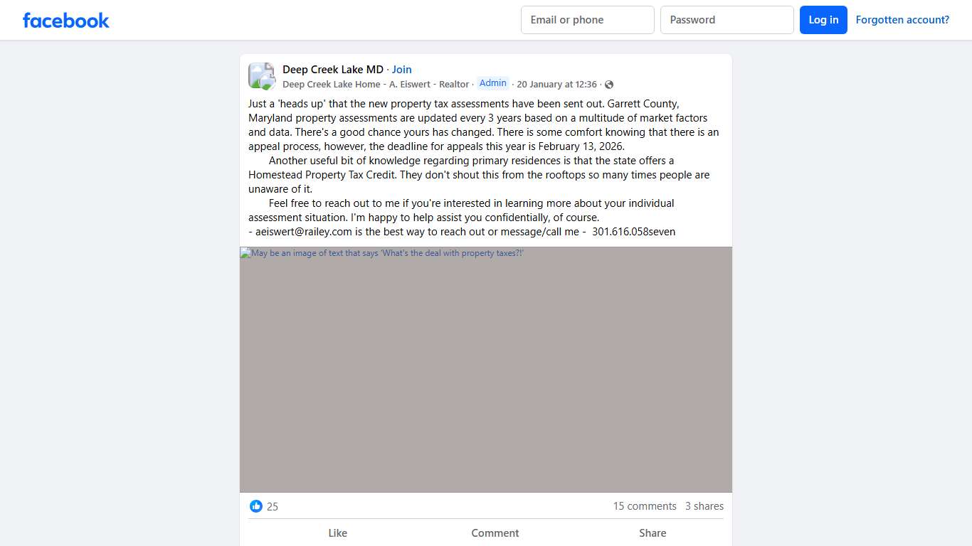 Deep Creek Lake MD Just a 'heads up' that the new property tax assessments have been sent out Facebook
