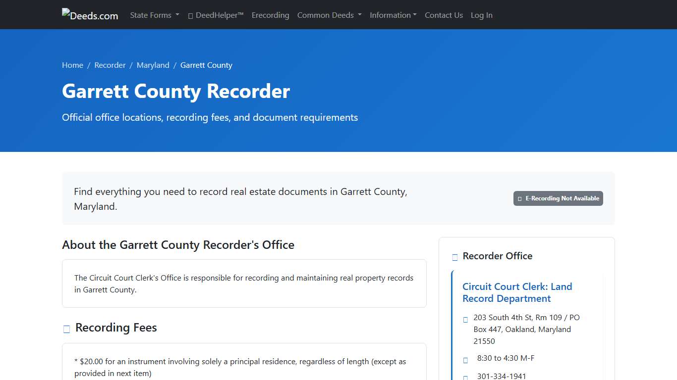 Garrett County Recorder Information, Maryland - Deeds.com